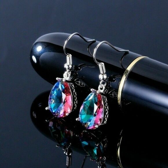 NEW Colorful Rainbow Topaz Drop Earrings Gemstone Silver French Hooks Dangle - Picture 2 of 7